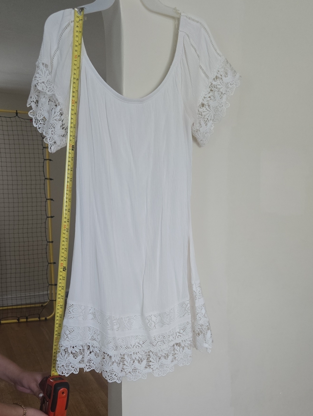 Charlotte Russe White Crochet Sleeve & Hem Mini Dress
